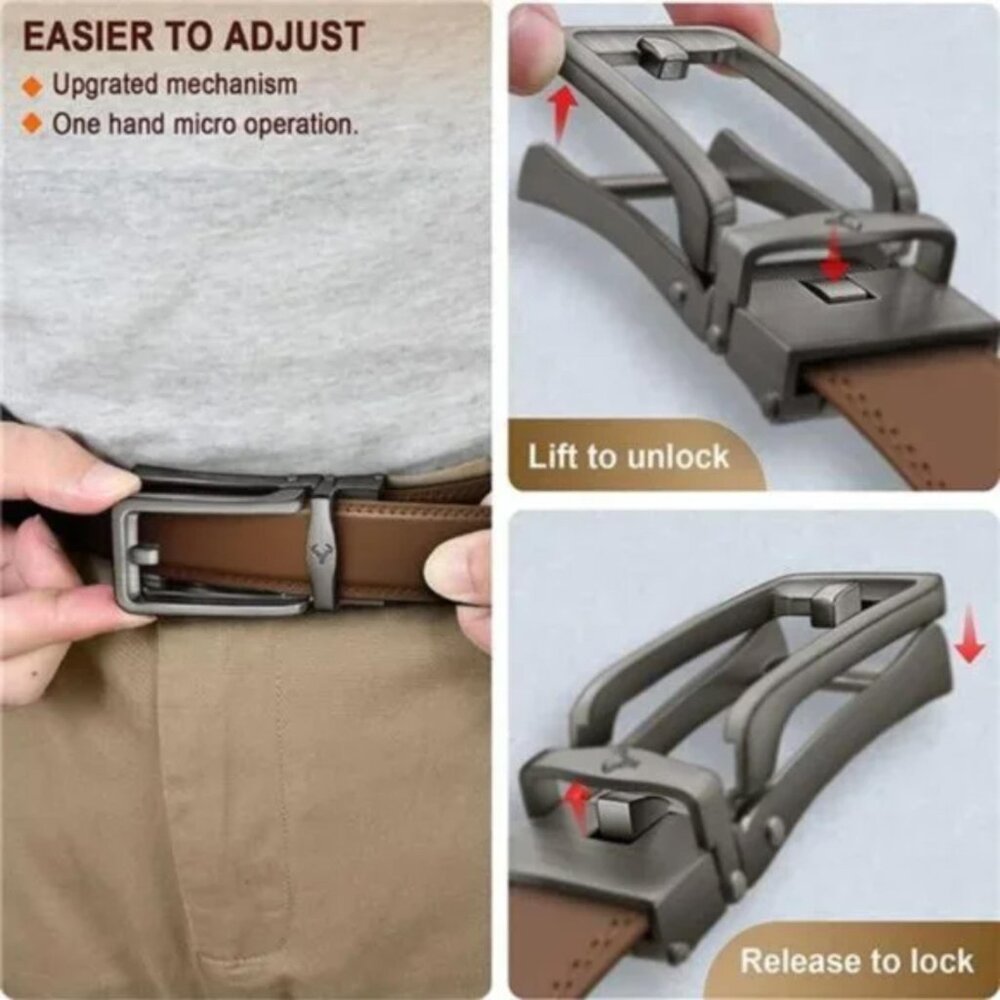 MEN Leather Belt, Ratchet Click Sliding Genuine Leather Adjustable Belt - Picture 5 of 8